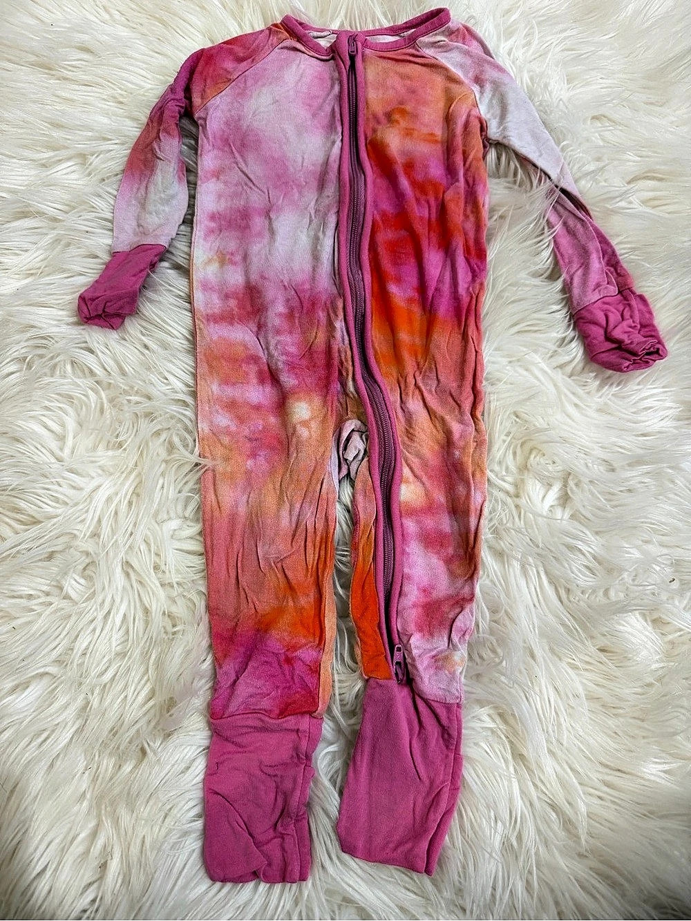 Little Sleepies Sherbet Pink and Orange Watercolor Tie Dye Zippy Footies